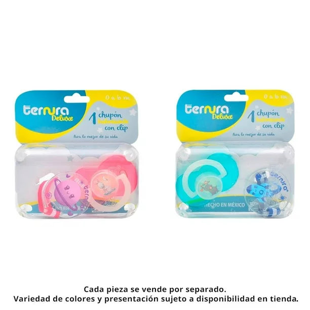 Chupón bebé Ternura deluxe fosforescente con clip varios colores 1 pza