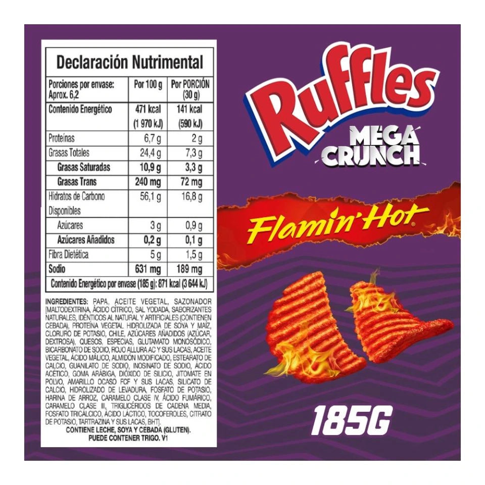 Papas fritas Sabritas Ruffles mega crunch flamin hot sabor chile limón y queso 185 g