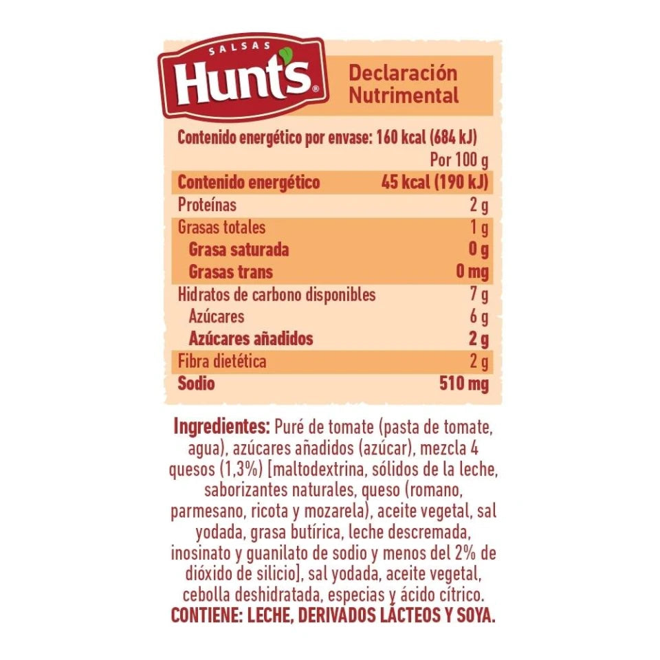Salsa para pasta Hunts de tomate a los cuatro quesos 360 g